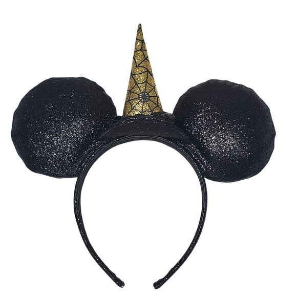 Disney Halloween Minnie Mouse Ears Headband Black Glitter Gold Witch Hat NWOT - Picture 2 of 6